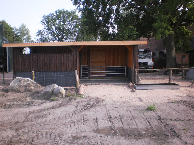 rechts der Überdachte Futterplatz links soll der Winterstall/Abferkelstall entstehen.Jetzt können Sie trocken und schatig muffeln